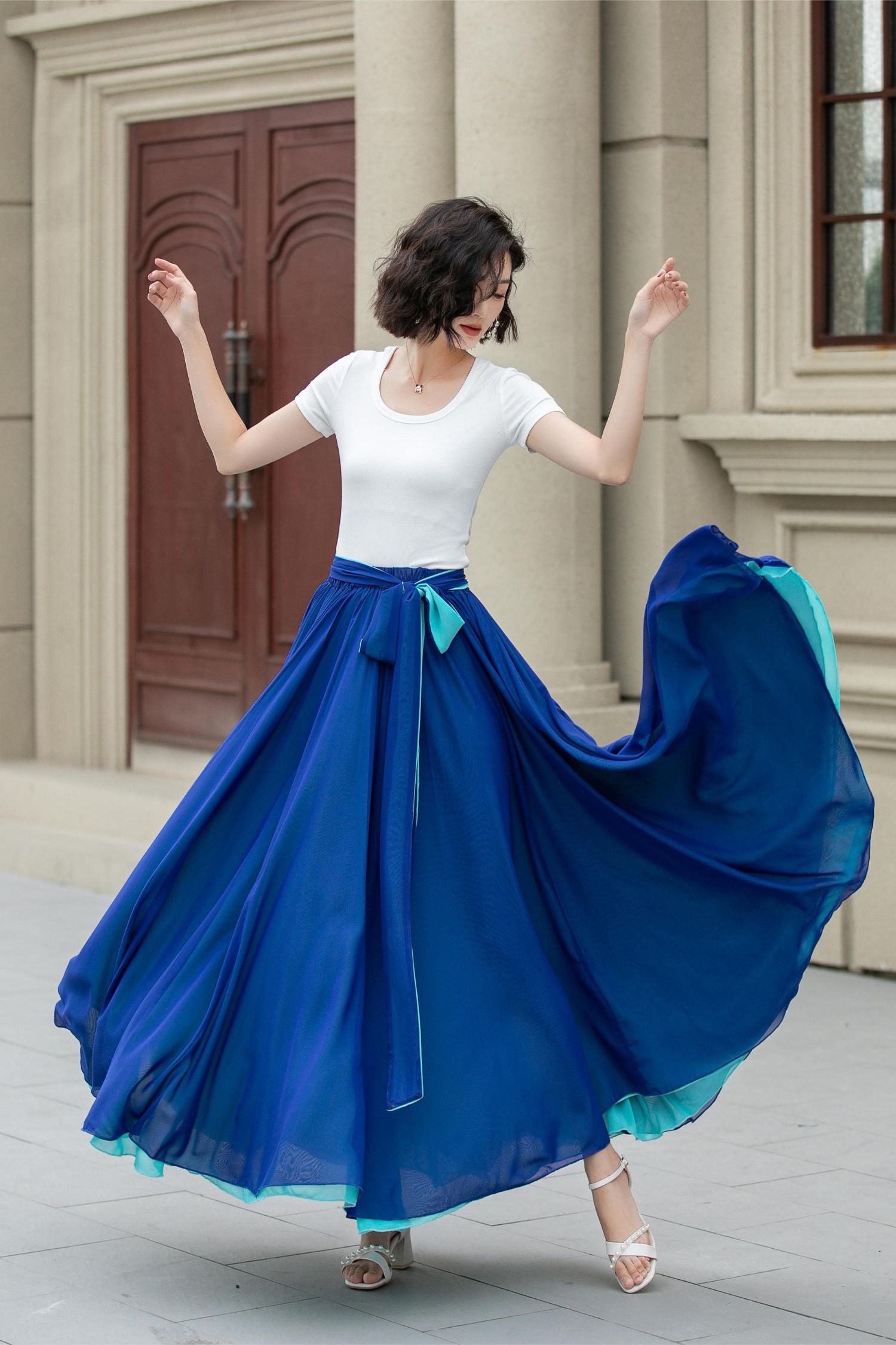 white christmas dresses Blue Chiffon Maxi Circle Skirt | Elastic Waist Swing Skirt