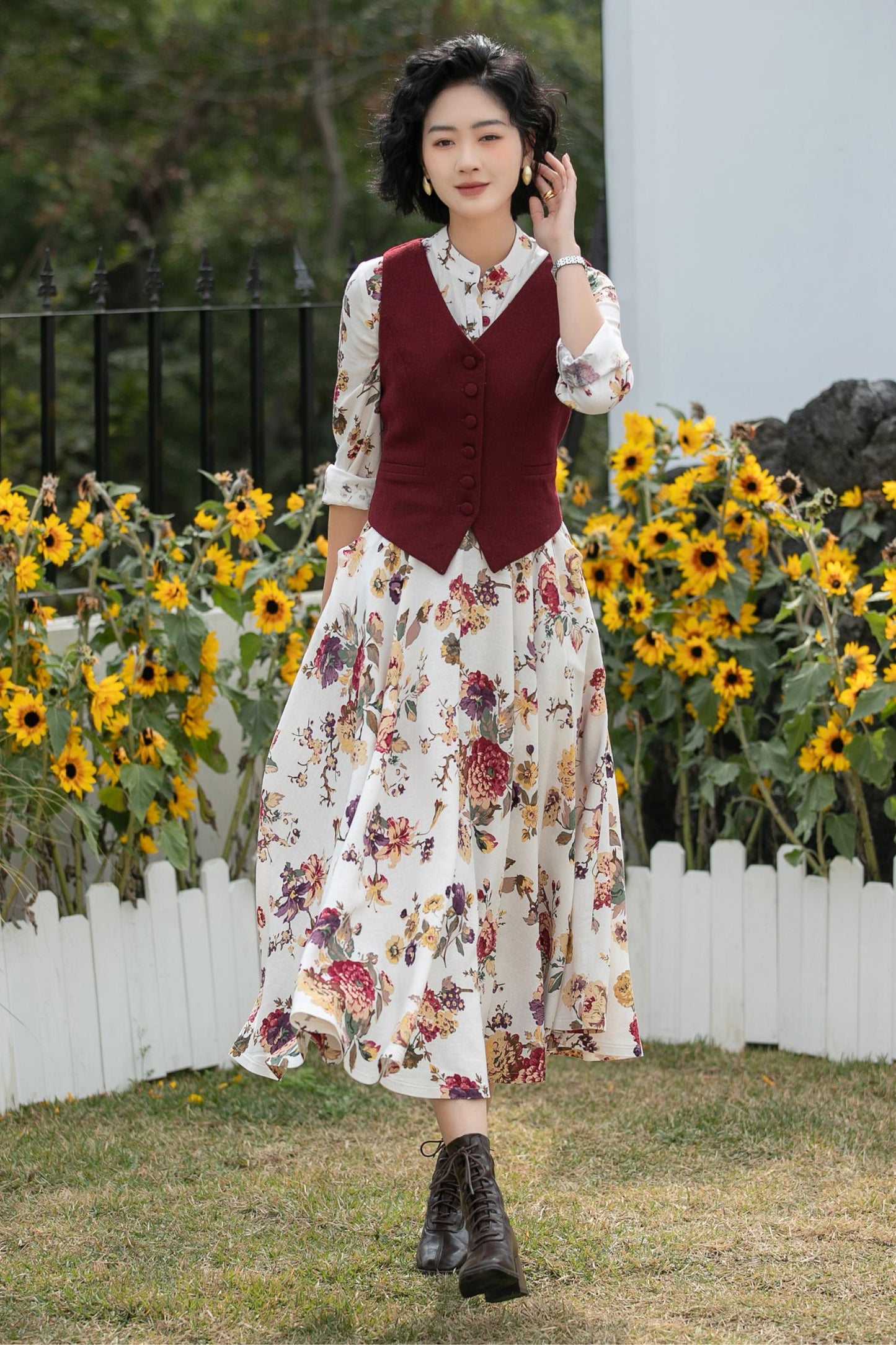 Xiaolizi Floral Linen Midi Dress – Vintage Mandarin Collar Shirt Dress 6691