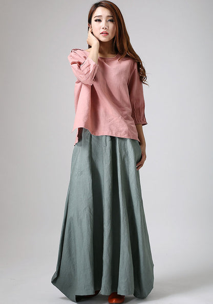 Sage Green Linen Cotton Maxi Skirt – Handmade Flowy Boho Long Skirt | Xiaolizi 914