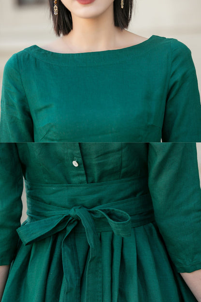 Emerald Green Linen Midi Dress - Bow Tie Waist Pockets | Xiaolizi 5721