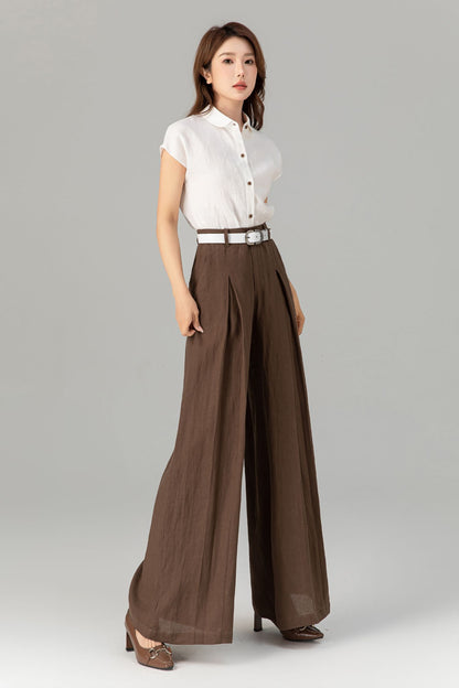 Brown Linen Wide Leg Pants - High Waisted Pleated Detail 4918