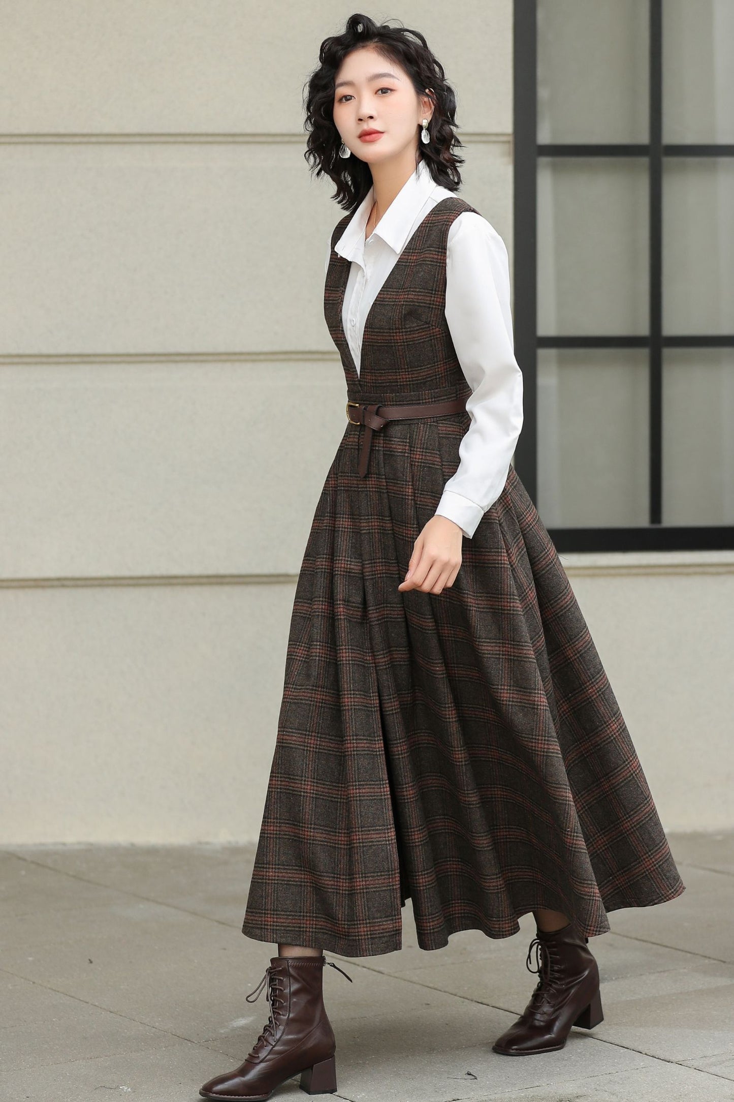 Brown Plaid Wool Midi Dress – Vintage Sleeveless Pinafore Swing Dress 6417