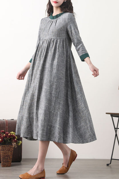 Loose fitting patchwork gray linen dress 2578