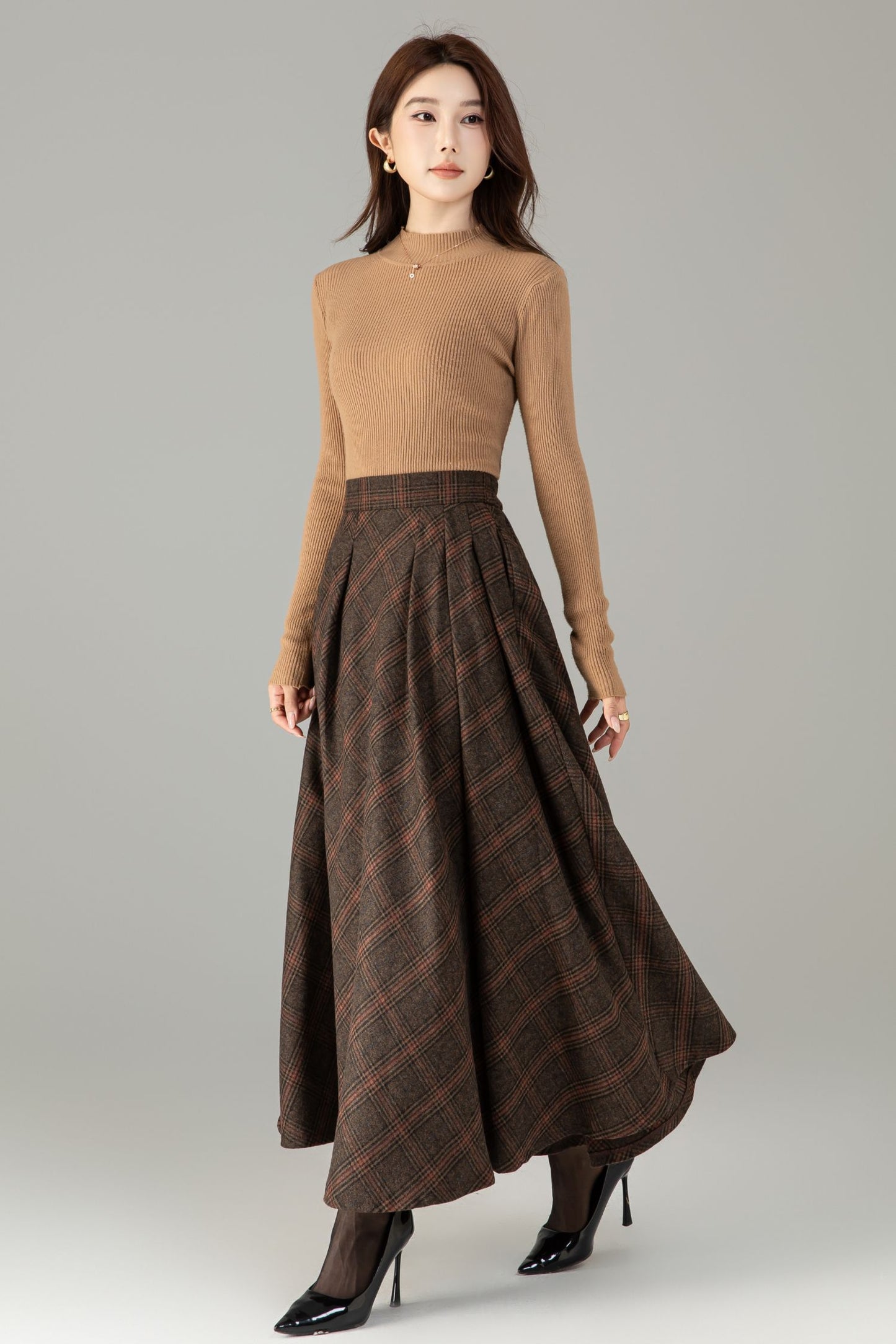 Handmade Wool Blend Plaid Skirt – Vintage Long A-Line Maxi for Autumn Winter 6505