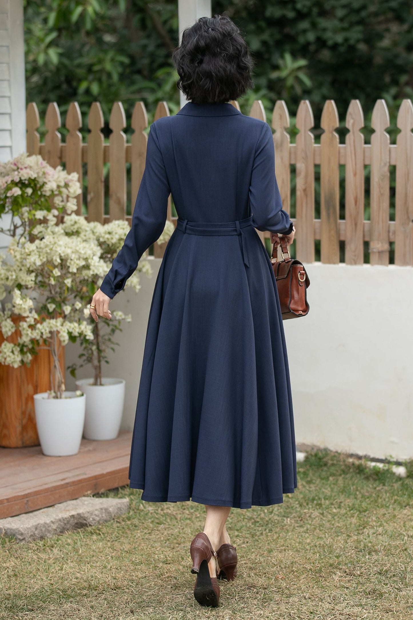 Xiaolizi Navy Linen Shirt Dress – Vintage A-Line Midi 6694-Size XS #CK2600163
