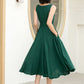 Stylish Deep Green A-Line Linen Suspender Dress with Square Neckline 5860