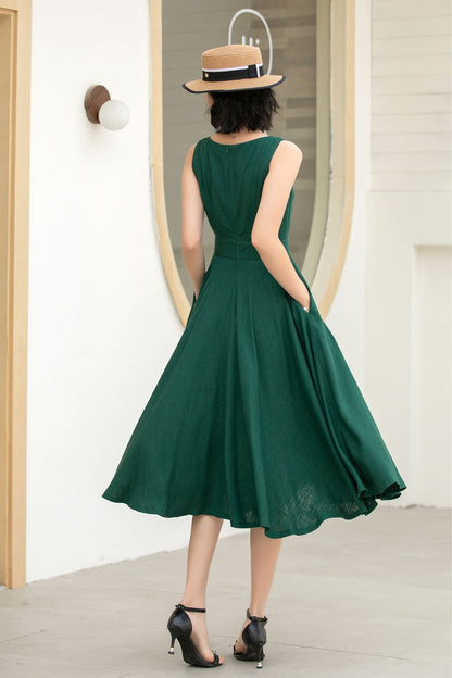 Green Linen Cotton Midi Dress - A-Line Square Neck Pockets | Xiaolizi 5860