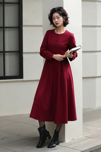 Handmade Vintage Wool Dress – Burgundy Fit and Flare Midi Dress for Winter 6612