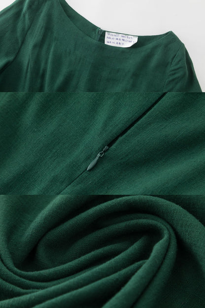 Handmade Emerald Green Linen Dress | 1950s Vintage Style Midi with Pleated Waist 5714