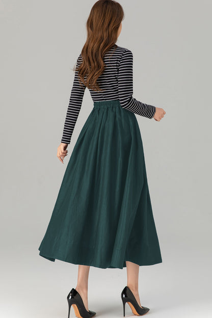 Dark Green Linen Midi Skirt - Pleated A-Line with Pockets 5724