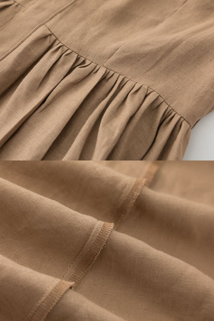 Khaki Linen Midi Shirt Dress - Pleated Fit and Flare Elegance 5707