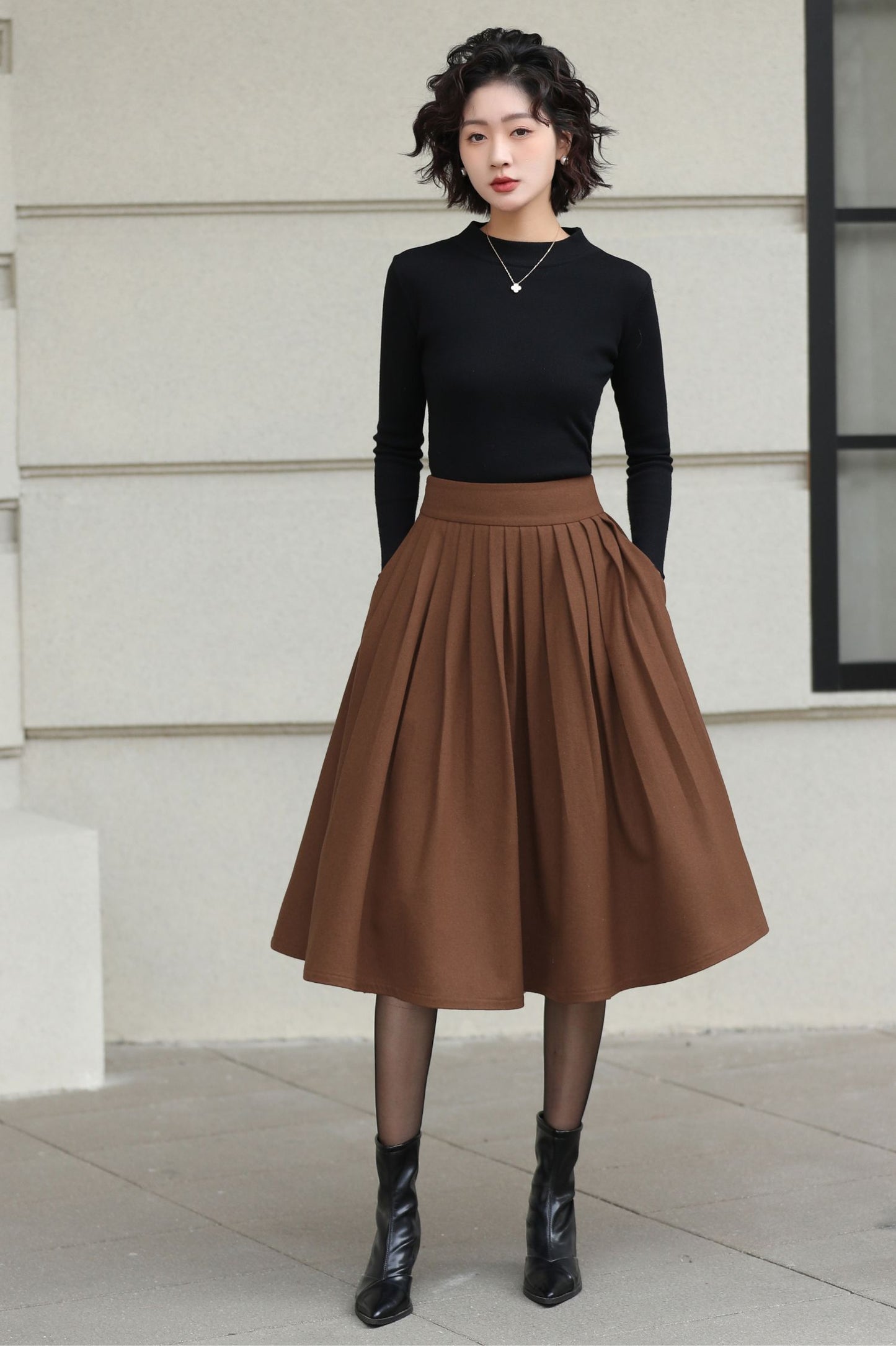 Xiaolizi Rust Brown Wool Midi Skirt for Women – Handmade High-Waist A-Line Winter Skirt 6608