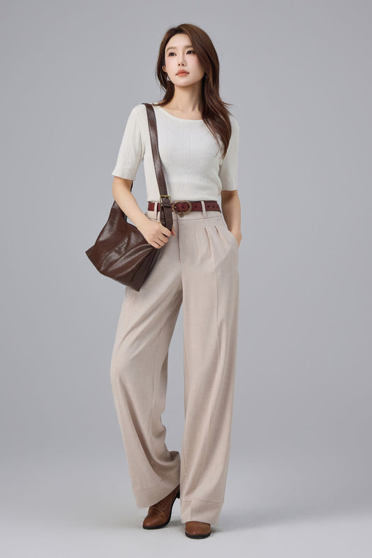 Beige Polyester Pants - High Waist Wide Leg | Xiaolizi 6761