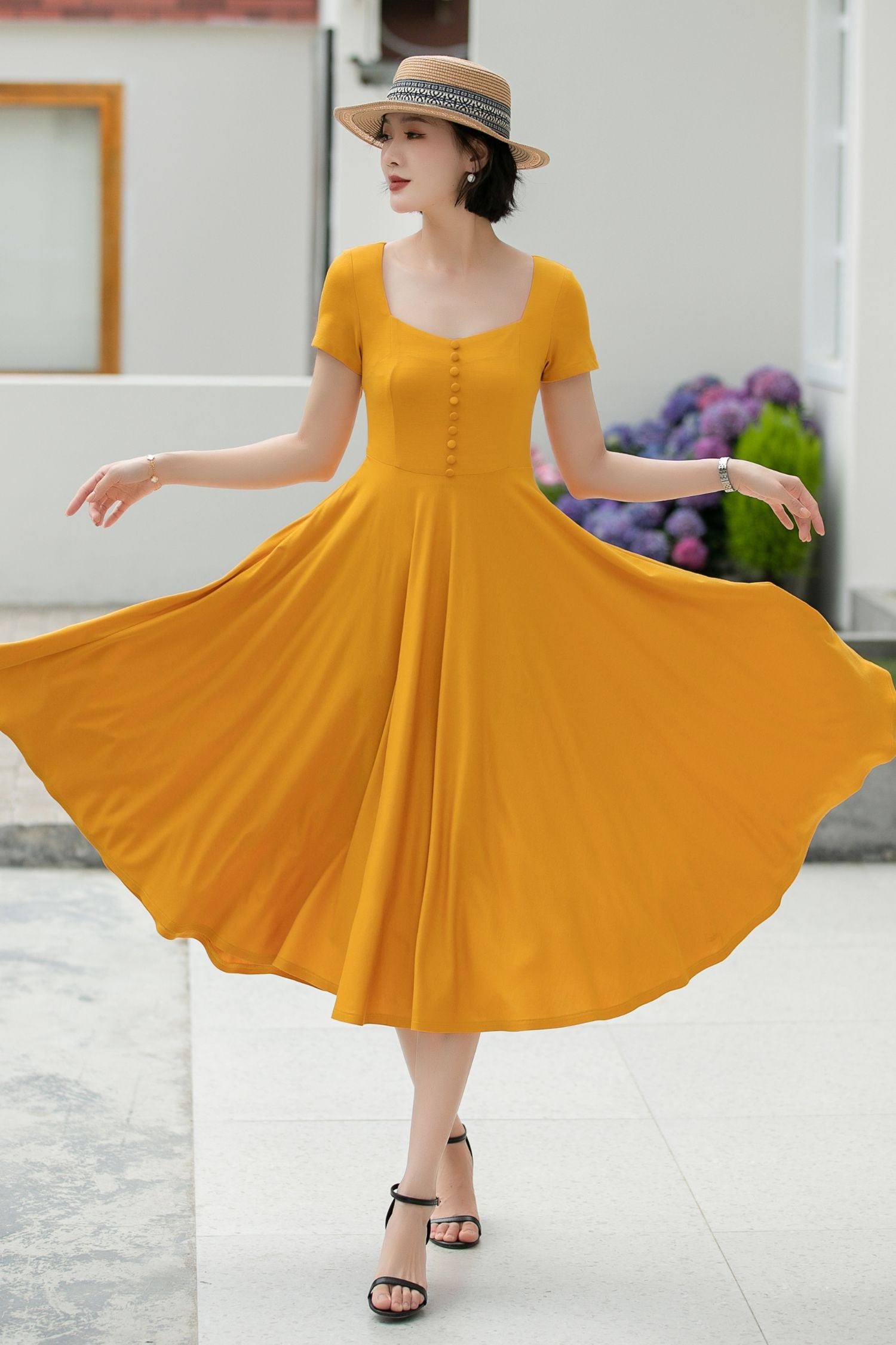 Square Neck Midi Dress, Linen Blend