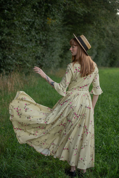 Beige Linen Maxi Dress - Vintage Floral Fit and Flared 3053