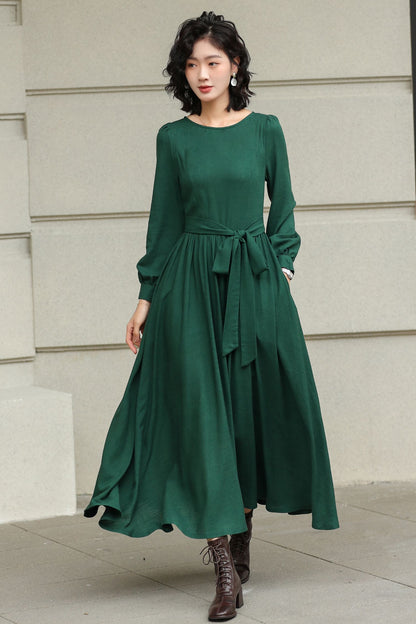 Green Linen Cotton Maxi Dress - Pleated Waist, Flowing A-Line Silhouette 6425