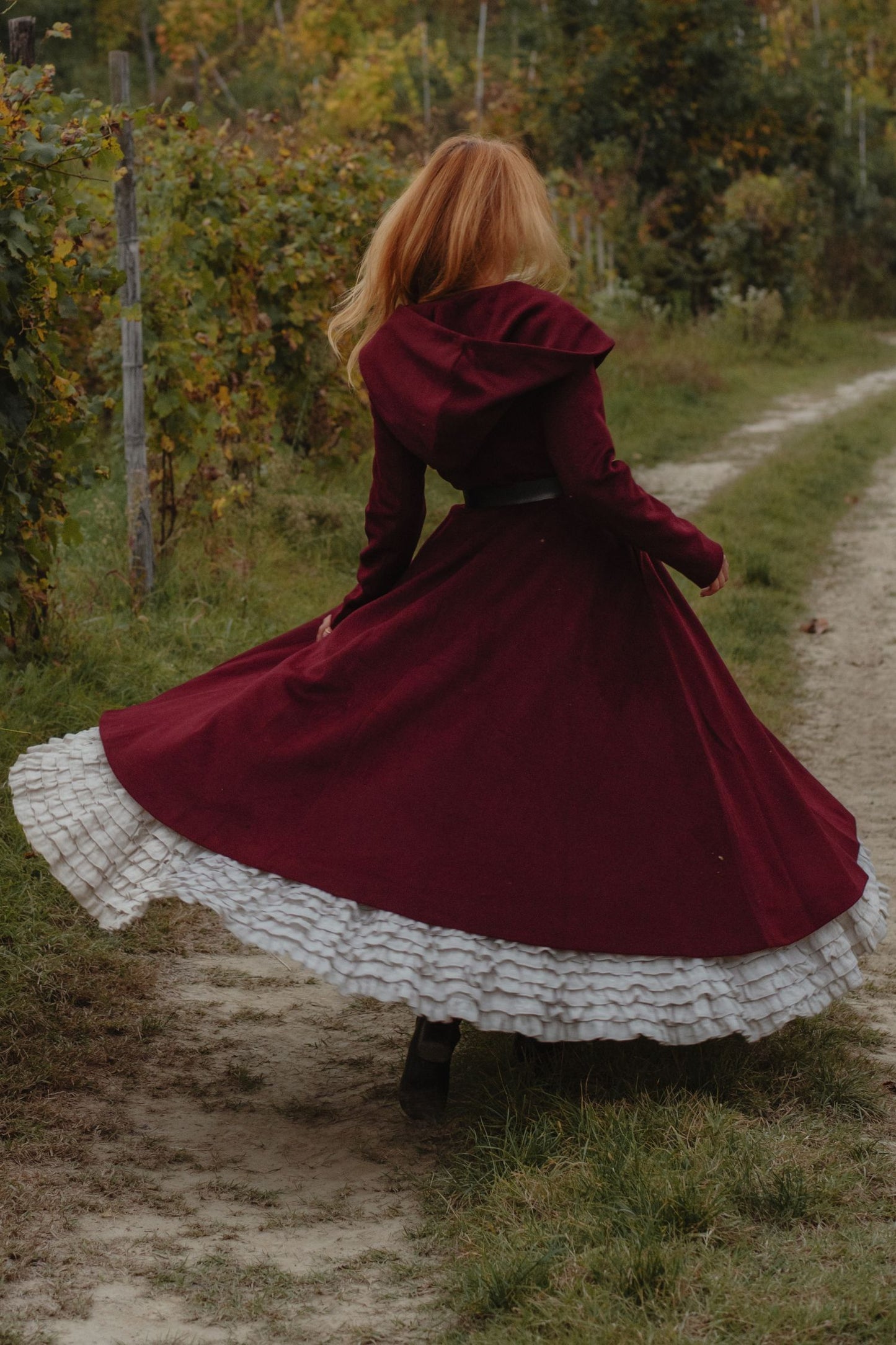 Burgundy Hooded Wool Coat – Handmade Long Belted Wool Winter Overcoat for Women 6546