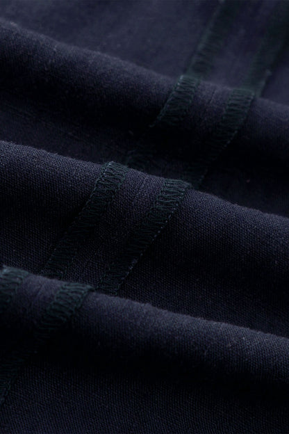 Navy Blue Linen Midi Dress – Vintage Boat Neck Fit & Flare Dress with Pockets | Xiaolizi 4906