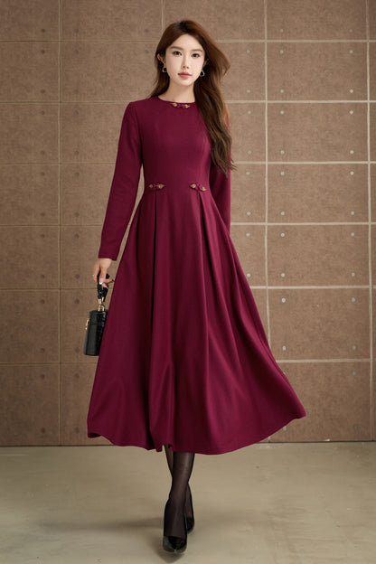 Burgundy Wool Midi Dress - Long Sleeves, Fit and Flare Silhouette 5358