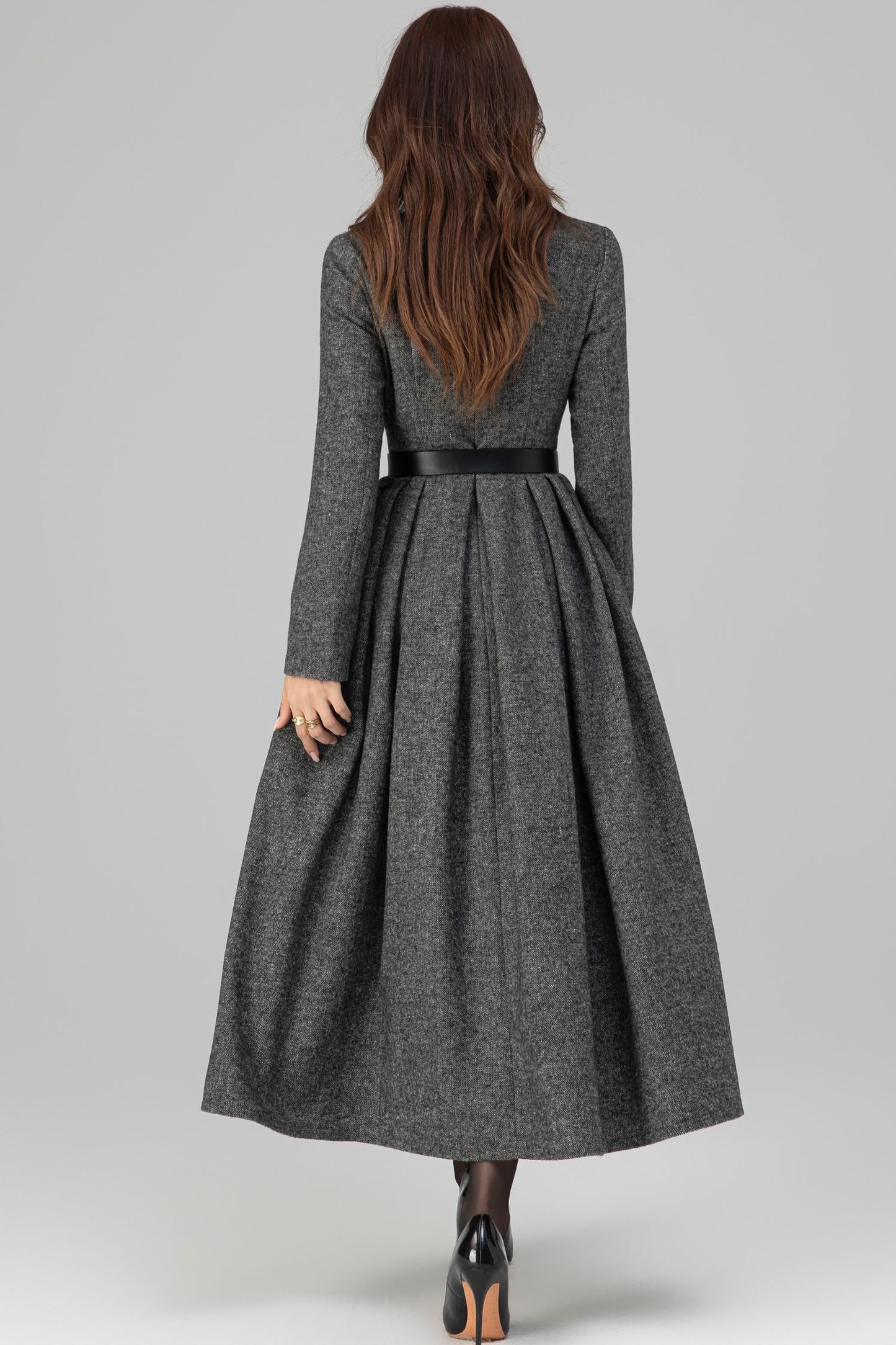 Long Sleeve Pleated Swing Wool Dress 6389