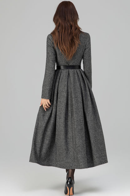 Long Sleeve Pleated Swing Wool Dress 6389