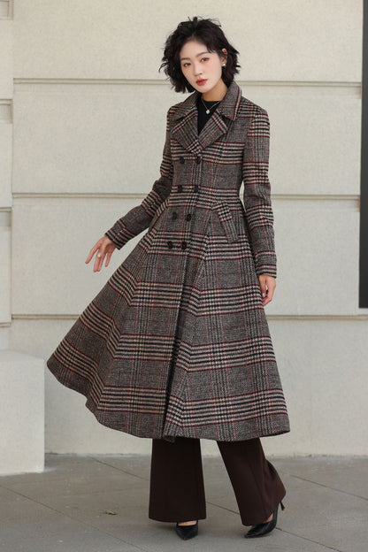 Plaid Wool Coat - Vintage Inspired Fit and Flare Long Double Breasted 6529