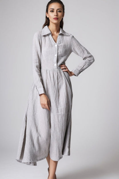 Gray Cotton-Linen Midi Shirt Dress 5511