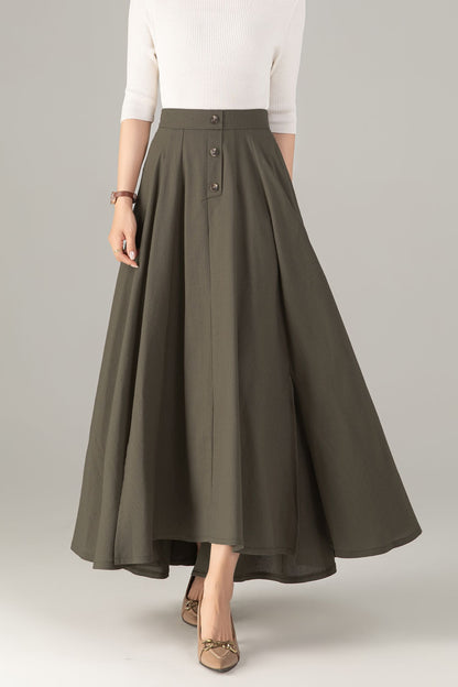 Olive Green Linen Cotton Maxi Skirt - Button-Up A-Line | Xiaolizi 5702