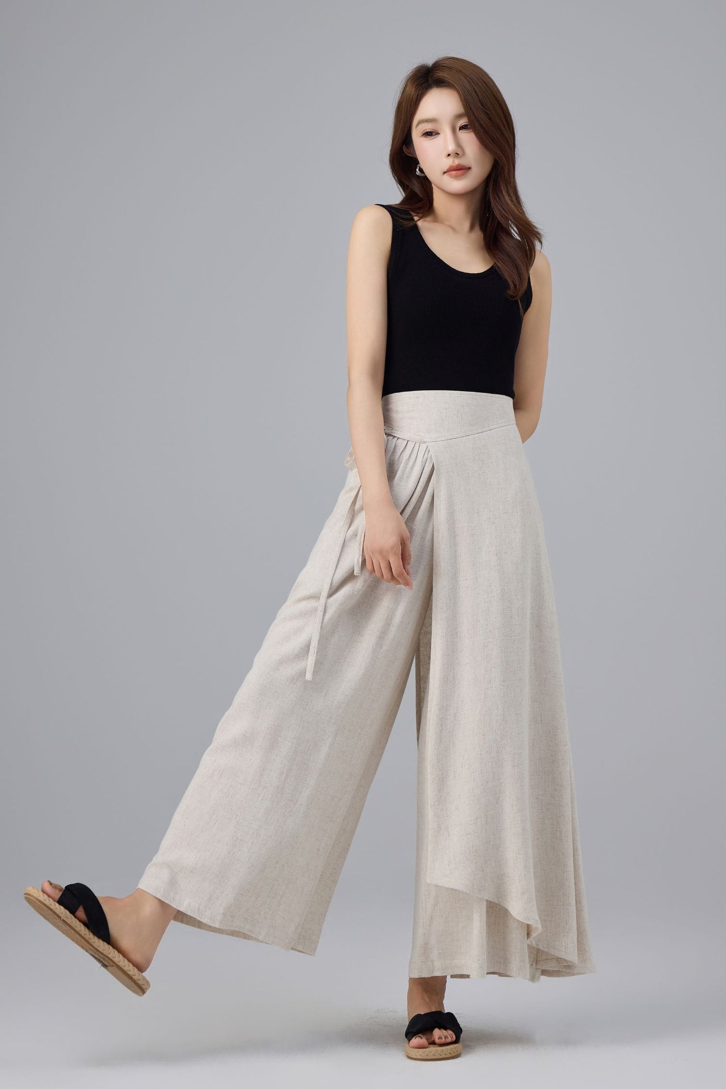 Beige Linen Cotton Wrap Pant - Wide Leg, Tie Belt Design | Xiaolizi 6763