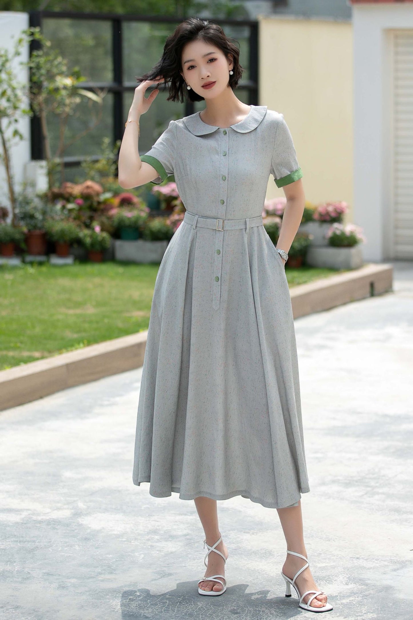 Grey midi Swing linen shirt Dress 5987 - S #CK2500324