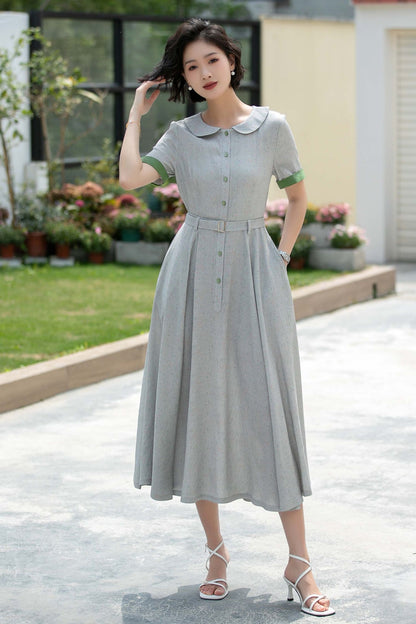 Grey midi Swing linen shirt Dress 5987 - S #CK2500324