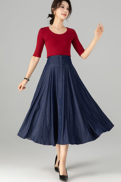 Navy Cotton Denim Midi Skirt - High Waist A-Line Button Front 5713
