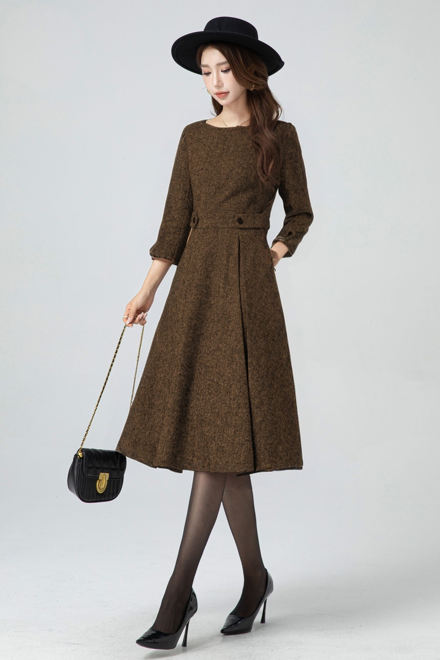 Wool Blend Fit and Flare Midi Dress – Vintage Winter Dress 5301 Brown / XL