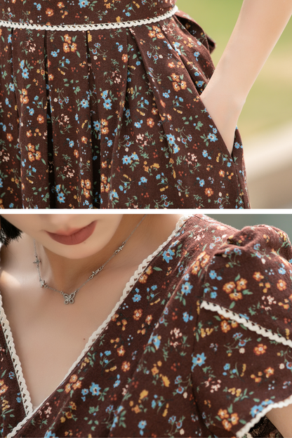 Vintage Floral Linen Cotton Maxi Dress – Women’s Puff Sleeve Wedding & Prom Dress 5833