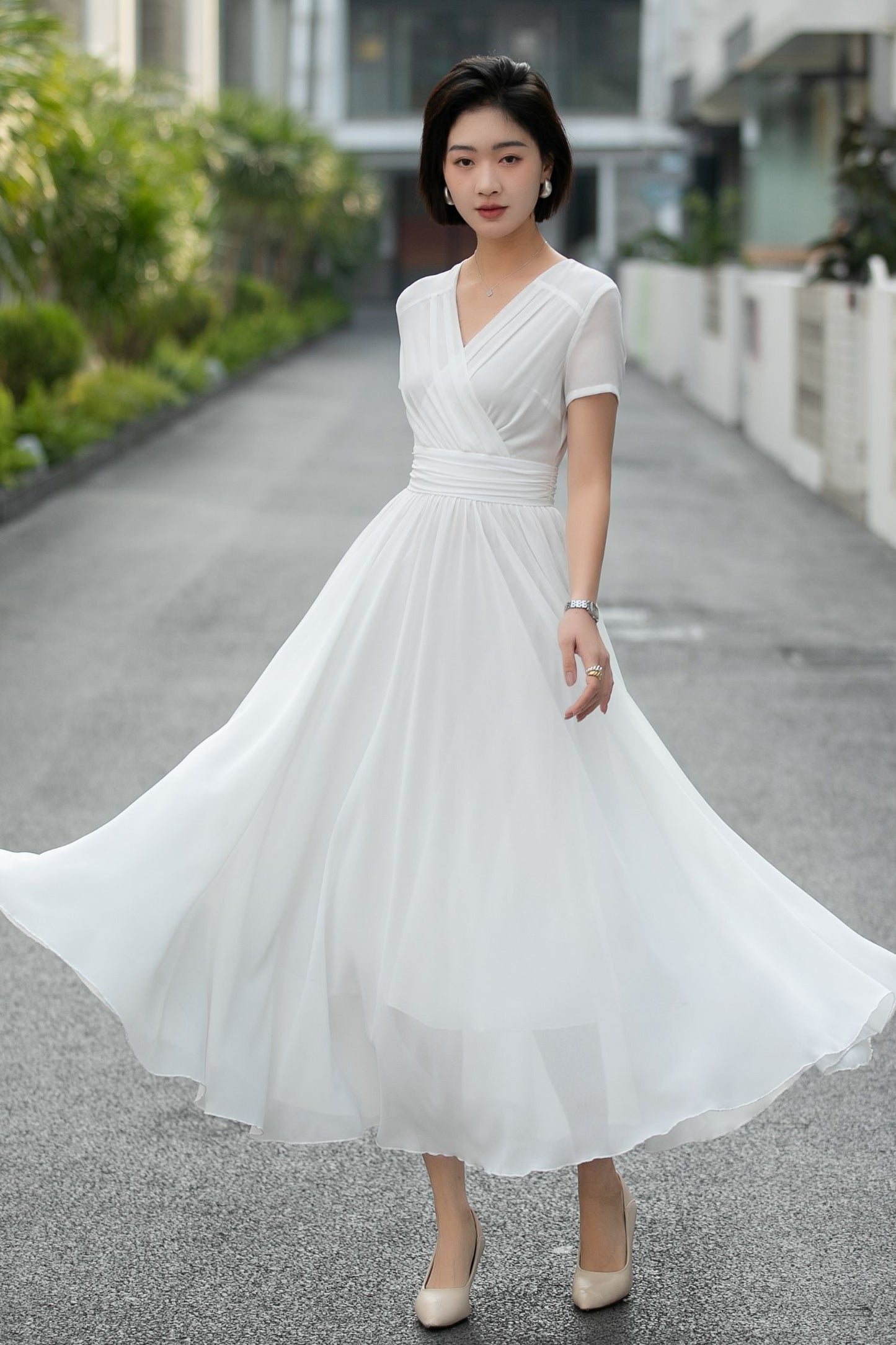 Handmade White Chiffon Maxi Dress – Vintage Empire Waist Dance Dress 6662