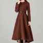 Brown Wool-Blend High‑Low Midi Dress – Wide Fold‑Over Collar & Pockets 6500