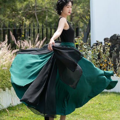 Black and Emerald Green Chiffon Maxi Skirt | Xiaolizi 6741