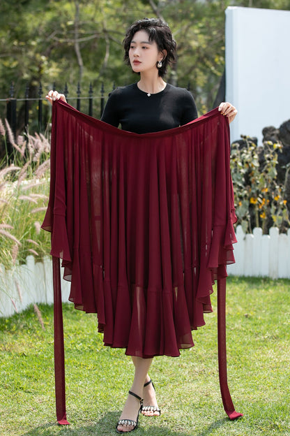 Chiffon Wrap Midi Skirt with Asymmetric Ruffle Hem | Xiaolizi 6742