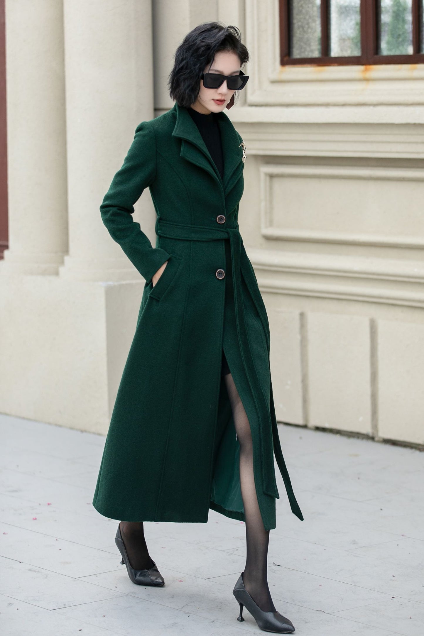 Green long wool trench coat women 5350