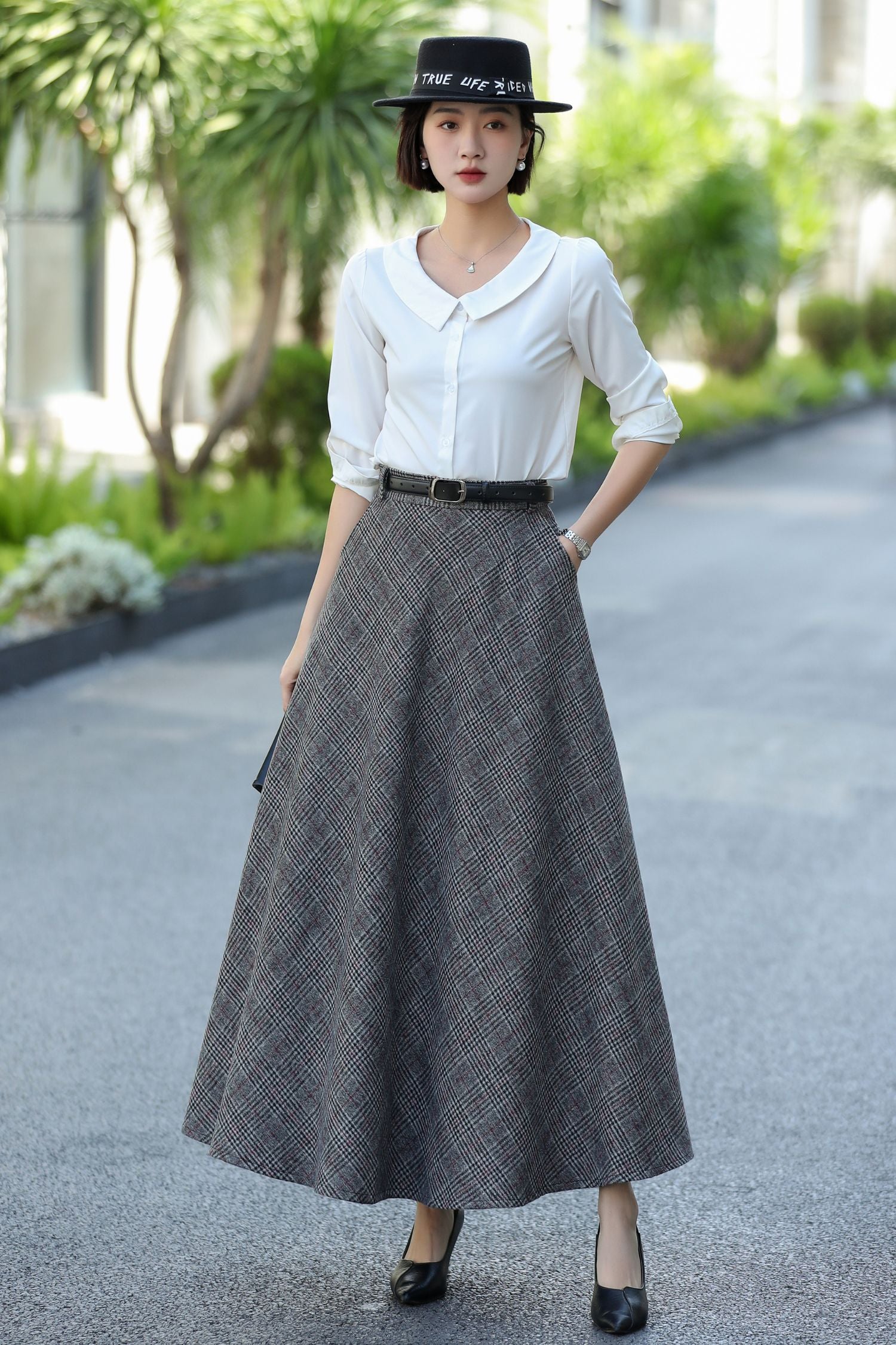Gray Plaid Wool Maxi Skirt – Vintage High Waist Winter Skirt 3106
