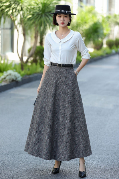 Gray Plaid Wool Maxi Skirt – Vintage High Waist Winter Skirt with Pockets 3106