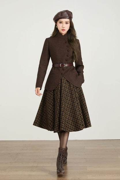 Vintage Wool Blend Short Coat – Handmade Brown Tailored Jacket | Xiaolizi 5566