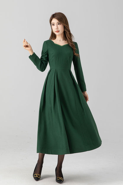 Green fit and flare midi wool dress women 4670