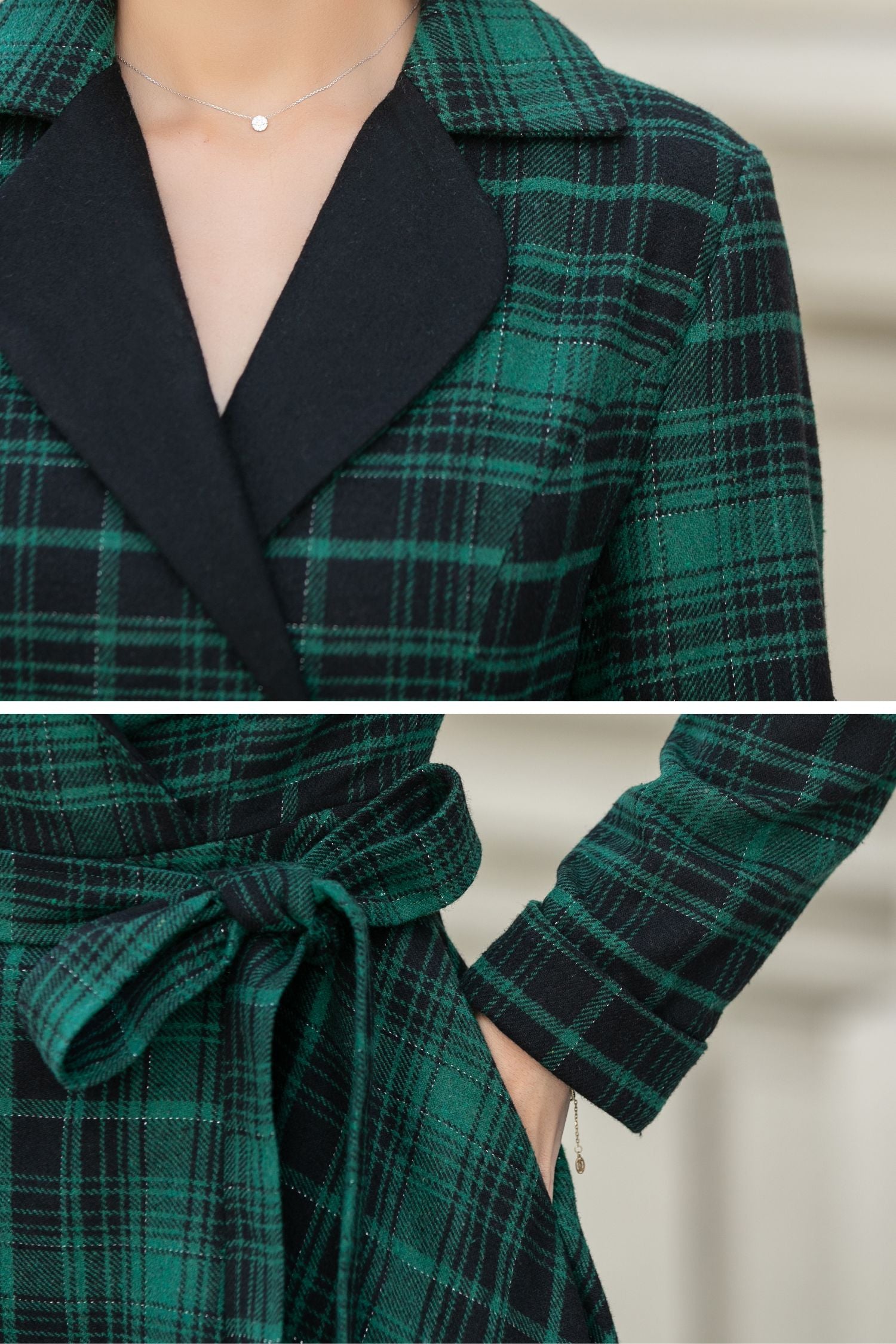 Green Plaid Wool Swing Dress Vintage Belted Midi Dress 5343 Green / XL Green Plaid Wool Swing Dress Vintage Belted Midi Dress 5343 Green / XL