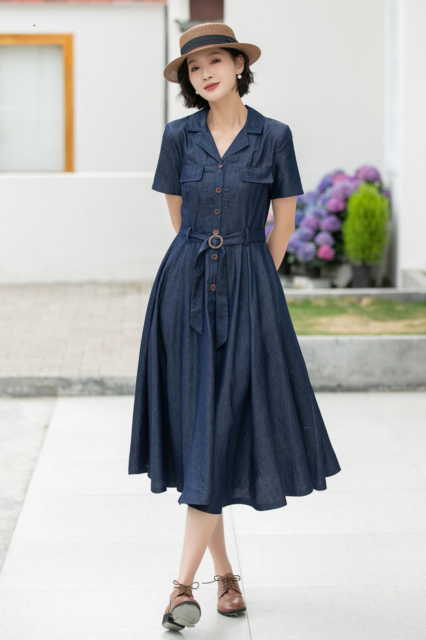 Women’s Tencel Blend Shirt Dress – Retro Button Up Midi Dress 5989