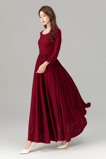 Burgundy Linen Maxi Dress - High Waisted, Flowing Silhouette 4924
