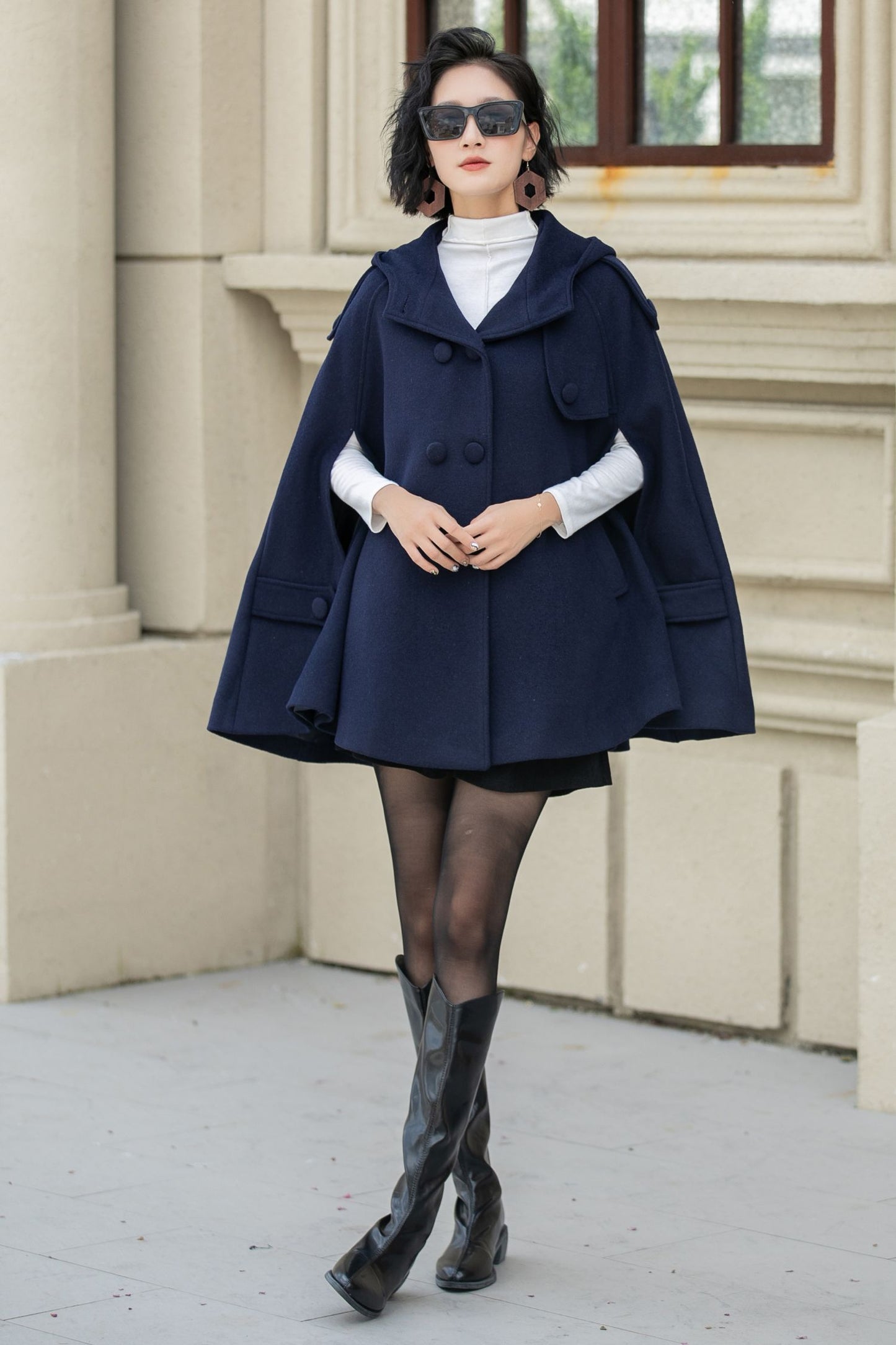 Blue Hooded Wool Cape Coat Women 5353