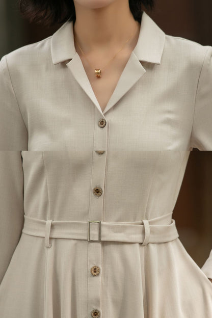 Beige Linen Cotton Midi Shirt Dress - Vintage Belted Swing Silhouette 5674