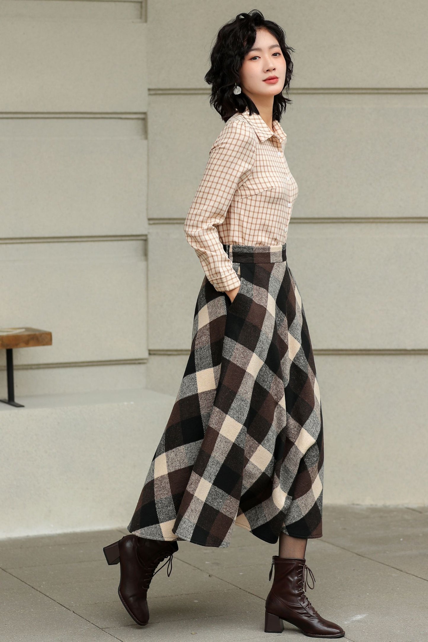 Brown Plaid Wool Midi Skirt – High Waist A-Line Winter Skirt with Pockets 6421