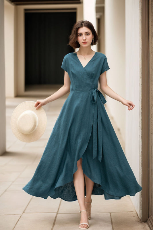 Short sleeve Green Linen Wrap dress 5142